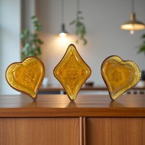 3 VTG Cut Amber Glass Hearts & Diamond Dish Ashtray Set of 3 MidCentury MCM